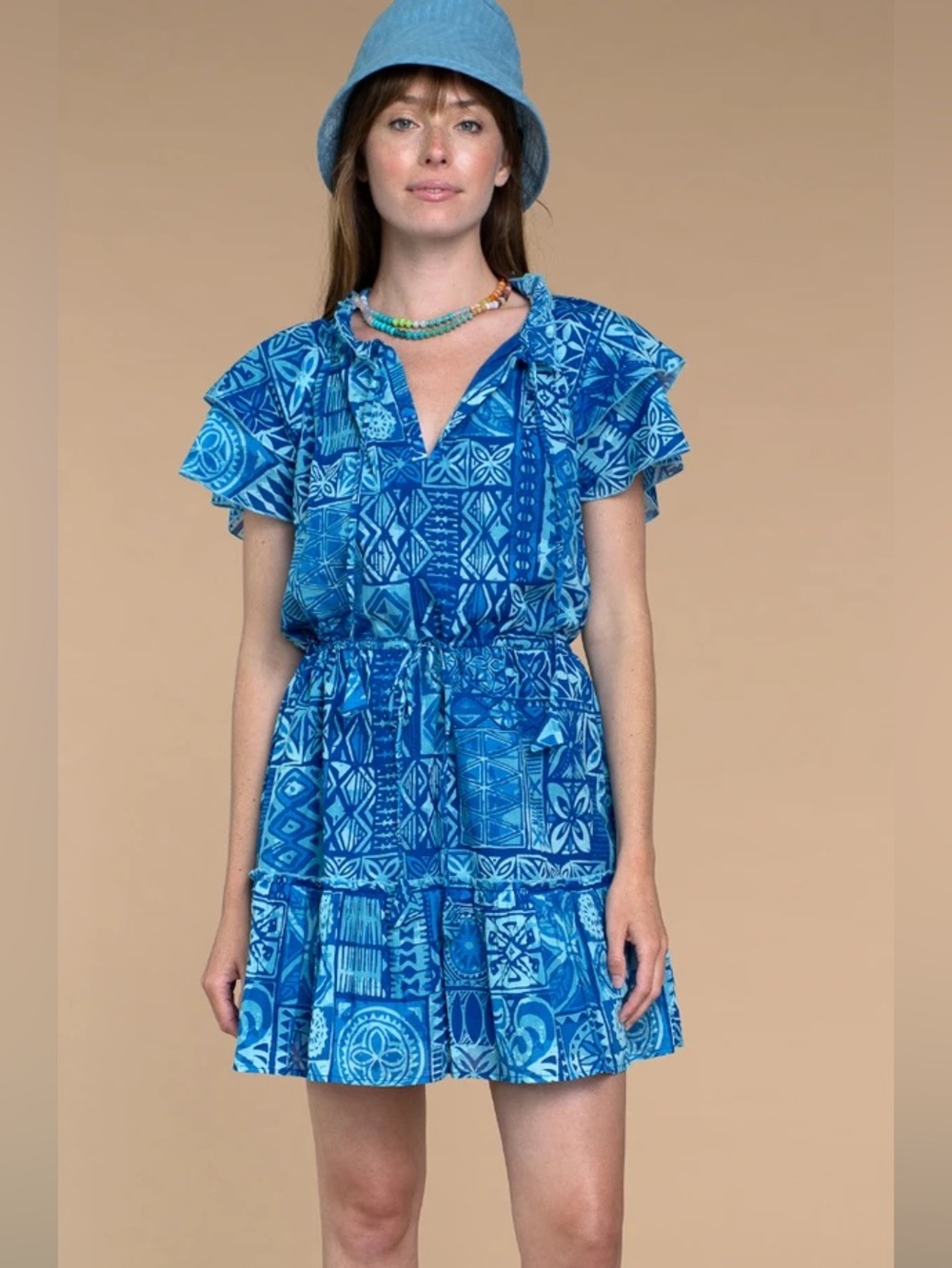 Olivia James The Label Blue Tropical Print Ruffle Mini Dress Size Small